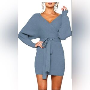 Sexy Long Sleeve Blue Knit Cocktail Mini Dress